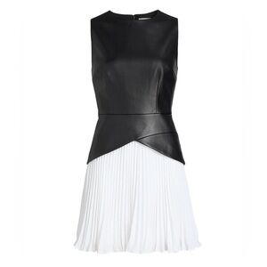 Milly Thea Faux Leather Pleated Combo Minidress in Black White